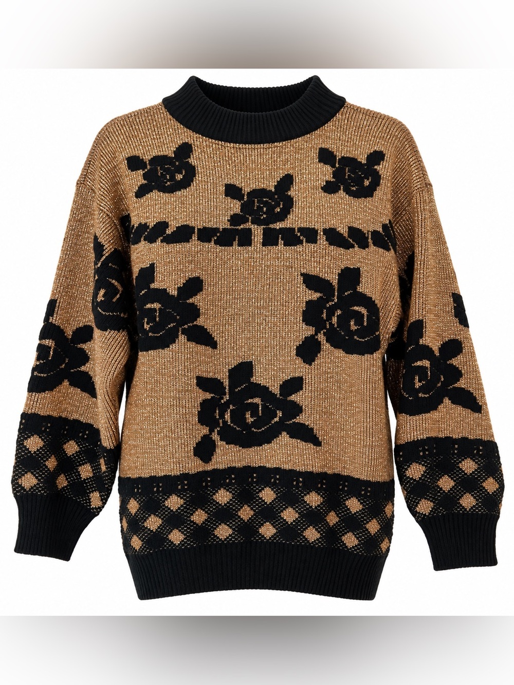 Vintage Private Eyes Metallic Gold Brown & Black Rose Sweater – Medium